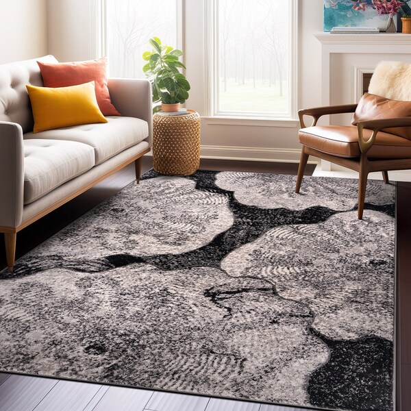 World Rug Gallery Contemporary Floral Design Non Shedding Soft Area Rug 5' x 7' Black 400BLACK5x7 - main